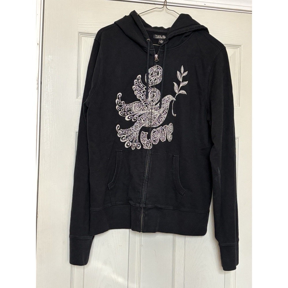Lucky Brand Y2K Rare Indie Black Embroidered Dove Love Full Zip Hoodie Peony XL